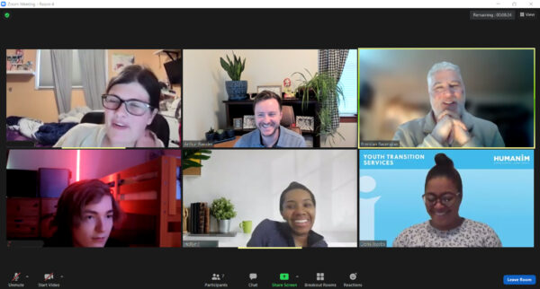 Six people (volunteers and students) smiling in Zoom boxes