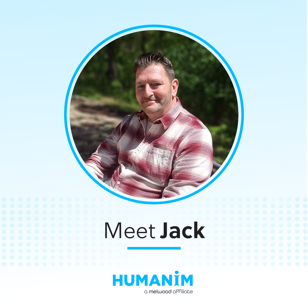 Light blue graphic picture frame, holding Jack's picture above the Humanim logo.